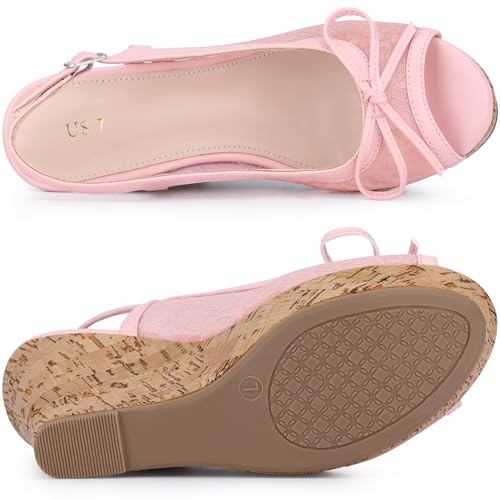 Allegra K Allegra K Women's Platform Heels Bow Lace Wedge Pink Sandals 5.5 M US