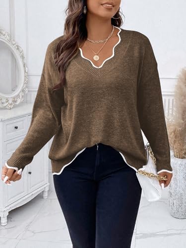 Image of MAKEMECHIC Women's Plus Size Long Sleeve Sweaters Scalloped V Neck Knit Cozy Sweater Pullover