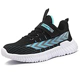  HSNA Unisex-Kinder Sportschuhe Atmungsaktiv Hallenschuhe Freizeit Turnschuhe Klettverschluss Sneaker für Jungen Mädchen(Schwarz und Blau 33)