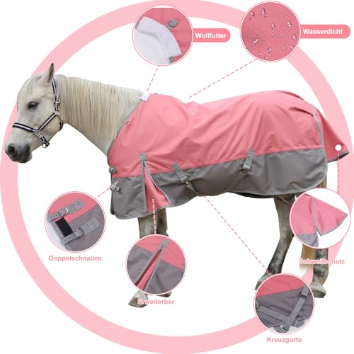 Gallopoff 1200D Reißfeste Pferdedecke ohne Füllung (0g), Leichte, wasserdichte und Atmungsaktive Regendecke für Pferde, Outdoordecke Pferd Rosa-Grau 135 cm