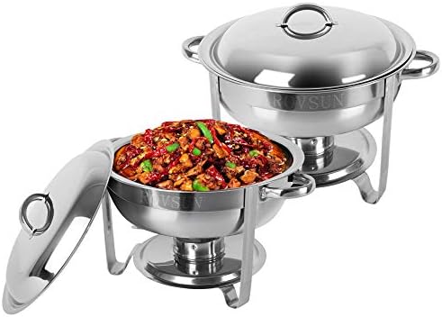 ROVSUN 5 Qt 2 Packed Full Size Stainless Steel Chafing Dish Buffet Set, Silver Round Catering Warmer Set with Food and Water Trays, Mirror Cover, Thick Stand Frame for Kitchen Party Banquet