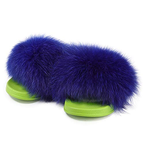 Women's Fox Fur Slides Furry Slides for Outdoor Fluffy Sandals Open Toe Fur Slippers(Green/Blue,8.5)