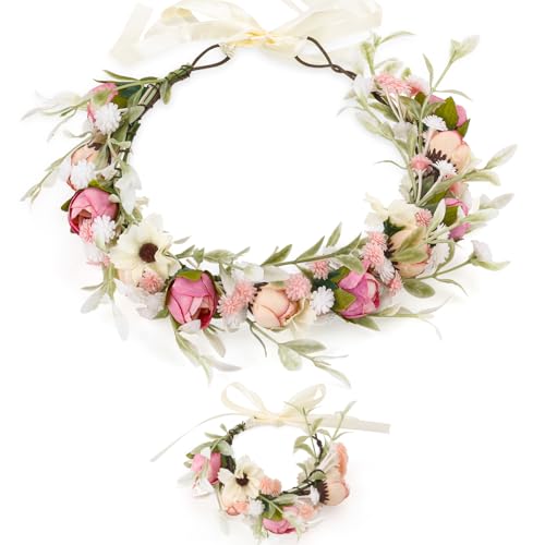 Ghope Blumenkranz Blume Krone Stirnband, Braut Haar Garland Haarreif Haarschmuck mit Armband Set,...