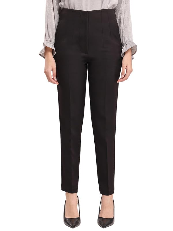 FableStreet Women's Black 4 Way Stretch Livin Trousers | Wide-Leg Design with High-Rise Waist | Solid Pattern & Plain Weave Fabric | Office Wear & Business Meetings