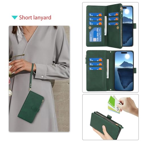 Jaorty Wallet Case for iPhone 16 with Strap,for iPhone 16 Case Wallet for Women Men,[9 Card Slots] [Wrist Strap] Zipper Cash Pocket Magnetic Leather Cover Case,6.1 inch Dark Green by Jaorty - Image 3