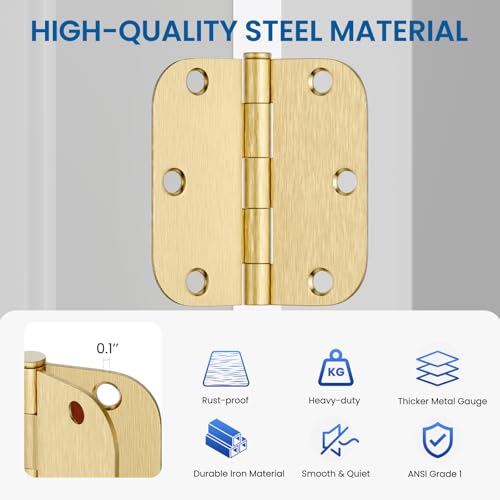 HOSOM 18 Pack Door Hinges Brushed Brass 3.5 Inch with 5/8" Radius Corners Rounded Satin Brass Interior Door Hinges 3 1/2" Gold Door Hinge for Door Heavy Duty Door Hardware by HOSOM - Image 4