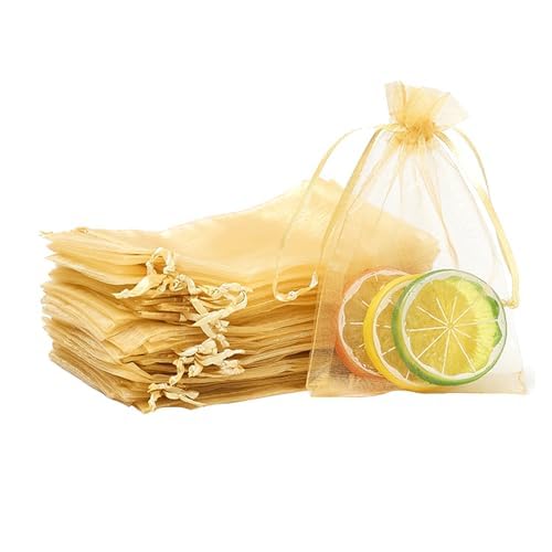 100pk Golden Organza Gift Bags,9x12cm Small Organza Favor Bags,Wedding Jewelry Pouches with Drawstring,Mesh Candy Favour Bag Party Sweet.Bags for Birthday,Wedding,Christmas,Gift Wrapping — image 1