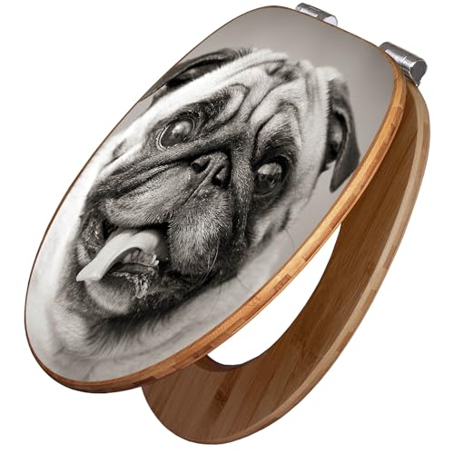 banjado Design WC Sitz Bambus Absenkautomatik 45,8x37,5cm / Toilettendeckel mit Absenkautomatik Holz/hochwertiger Bambus Klodeckel/WC-Sitz für gängigen Toiletten/Motiv Mops Porträt