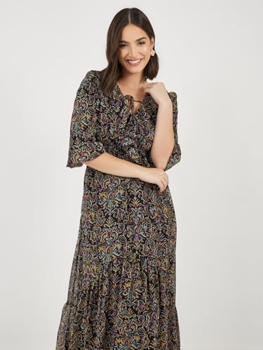 Image of Styli Women Printed Ruffle Neck Puff | Sleeves A-Line Maxi Dress | Stylish One Piece Dress for Party, Casual & Evening Outfits