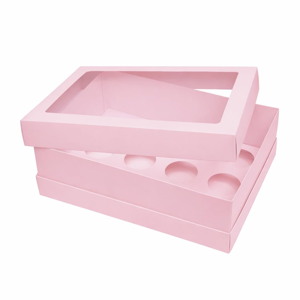 The Baked Studio - Pack of 5 - Extra Deep Pink Cupcake Boxes with Extension Piece – Holds Tall Cupcakes – Clear Window Lid – Sturdy Bakery Gift Box (12 Holes)