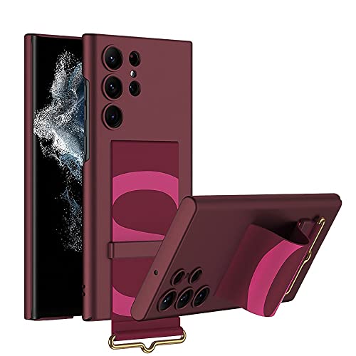 Image of Midkart Leather Wristband Holder Cover Compatible with Samsung Galaxy S23 Ultra Slim Hard PC with Wrist Strap Kickstand Lightweight Case, Burgundy