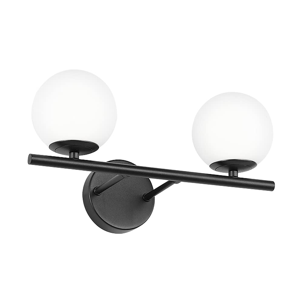 YHTlaeh New Bathroom 2 Vanity Light Fixtures Brushed Black Milk White Globe Glass Shade Modern Wall Bar Sconce Over Mirror