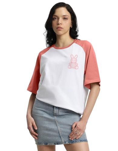 Image of JUNEBERRY 100% Pure Cotton Oversized Baggy Fit Drop Shoulder Round Neck Graphic Printed Raglan Sleeve T-Shirt for Women (Sizes: S to 2XL)