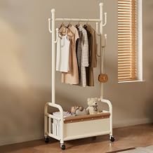 Metal Rolling Clothing Rack with Storage Basket & Side Hooks, Freestanding Garment Rack on Wheels,Portable clothes racks for Bedroom, Entryway, Small Space OrganizerWhite,80cm31.5in