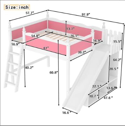 Image of Full Size Loft Bed with Storage Shelves, Cabinet & Detachable Slide and Ladders, Solid Wood Kids Loft Bed for Space-Saving, Playful & Organized Bedroom (Light White+Pink2, Full)