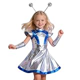 Space Kostüm Familie Set Damen&Mädchen- Alien Kostüm Metallic Glänzendes Partykleid Minikleid für Karneval, Fasching & Rave,Weltall Space Girl Outfit als Clubwear für Disco & Nachtclub Tanzkostüm