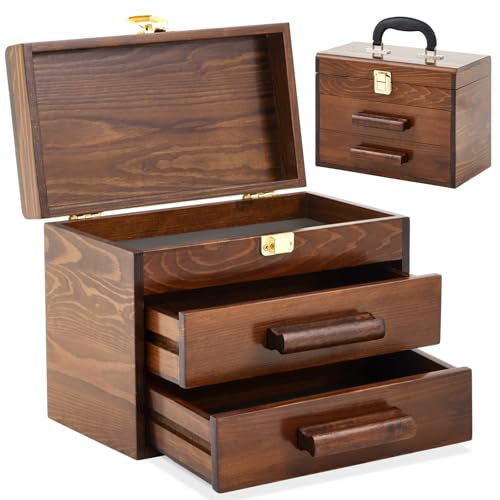 Weysat 11 Inch Mini Wooden Tool Box with 2 Drawers and Top Storage, Portable Small Tool Chest with PVC Liners, Mini Tool Storage Box Organizer Makeup Box with Metal Latch Closure