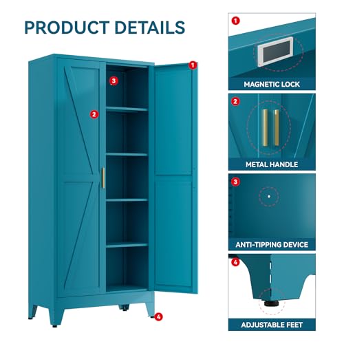 Image of Farmhouse Pantry Cabinet with Barn Doors, 71 inch H x 31.5 inch W, 5-Tier Metal Storage Cabinet with 4 Adjustable Shelves for Kitchen Garage Dining Room,Blue 1 Pack