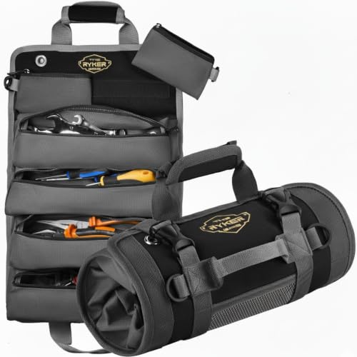 Image of Ryker Original Heavy Duty Roll Up Tool Bag Organizer w /Detachable Pouches | Small Tool Kit Pouch Work Bag for Contractor, Mechanic, Technician, Electrician & HVAC Tools. Portable Camping Rollup Toolbag