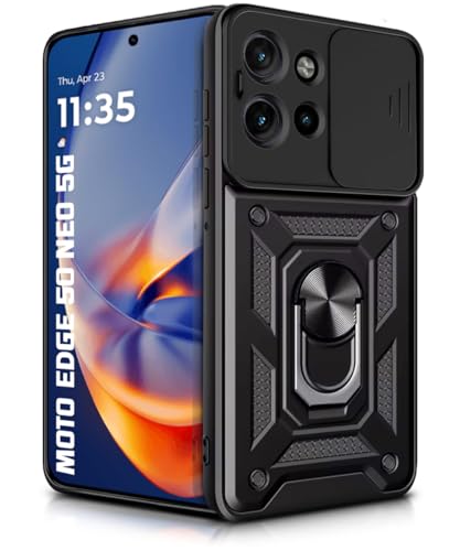 Image of WOW IMAGINE Tough Armor Bumper Mobile Back Case for Motorola Moto Edge 50 Neo 5G | Sliding Camera Shield Cover | Shock Proof 360 Protection | Hybrid PC + TPU | Ring Holder with Kickstand - Black