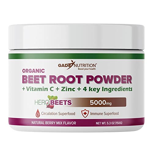 Beet Root Powder Organic - Nitric Oxide Boost for Blood Pressure, Circulation, Energy & Heart Health Support - Non-GMO Superfoods, Beets Supplement - with Vitamin C & Zinc - Made in USA (30 Servings)