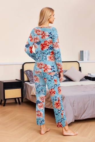 Image of Ekouaer Womens 2 Pack Pajama Set Long Sleeve Pajamas Top and Pants V Neck Pjs Set Soft Sleepwear Loungewear