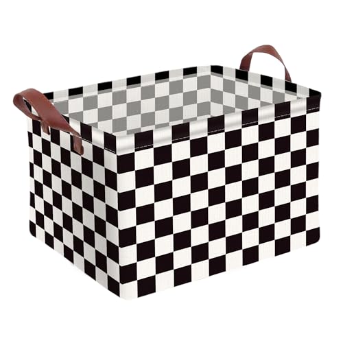 Image of Checkered Storage Basket Waterproof Canvas Toy Storage Bin Race Car Room Decor Collapsible Outdoor Basket with Leather Handles Checkered Decor Car Blanket Baskets For Closets,Bedrooms,Gifts Baskets
