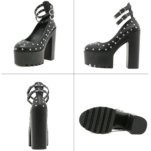 Women's Leather Studded Platform Chunky Heel Gothic Pumps Fashion Ankle Strap Lug Sole Chunky High Heels Punk Shoes Y2k Wedding Party Dress Shoes3