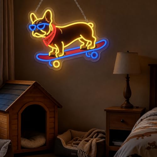 Image of French Bulldog Skateboarding Neon Sign, Skateboard Dog Frenchie Wearing Glasses Neon Signs | Dimmable LED Bulldog Wall Art Decor | Frenchie Dog Lover Gifts