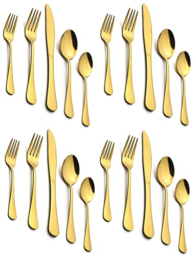 Image of Gold Silverware Set, Gold Flatware Set for 4, Stainless Steel Tableware Cutlery Set, Utensil Sets for Kitchen, Forks and Spoons Silverware (Gold, Set of 20)