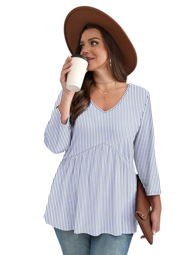Image of OFEEFAN 3 /4 Length Sleeve Womens Tops 2026 Blouses for Women Dressy Casual Fashion Clothing V Neck Babydoll Tops Fall Outfits
