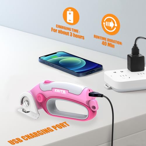 ZEITE 4V Cordless Electric Scissors Cardboard Cutter with 2 x Blades,1 x Storage Case,1 x USB Charging Cable,Rotary Cutter for Box Plastic Carpet Fabric, Easy to Hold and Safety,Pink by Zeite - Image 8