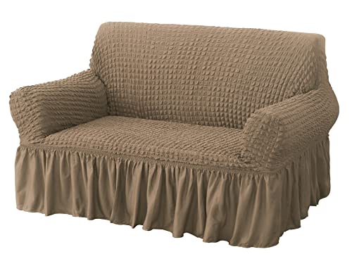 Image of House of Quirk Turkish Bubble Frill 280 GSM Sofa Slipcovers, Durable Washable Universal Double Seater High Elastic Furniture Protector (Light Brown, 145-185cm)