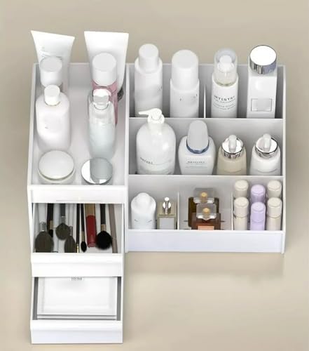 Image of COOFANDY Makeup Organizer, Skin Care Organizers and Storage Box with Drawers for Vanity, Bathroom Countertop Holder for Lipstick Skincare Perfume Brush, Dresser Desk Top Cosmetics Display Case (White)