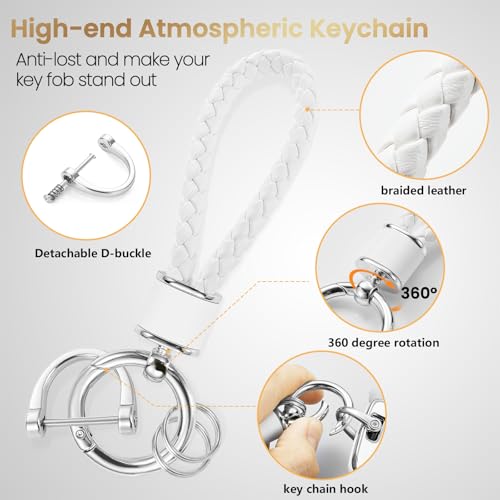 Image of Car Key Fob Cover, White Braided Loop Keychain Case, Silver Edge