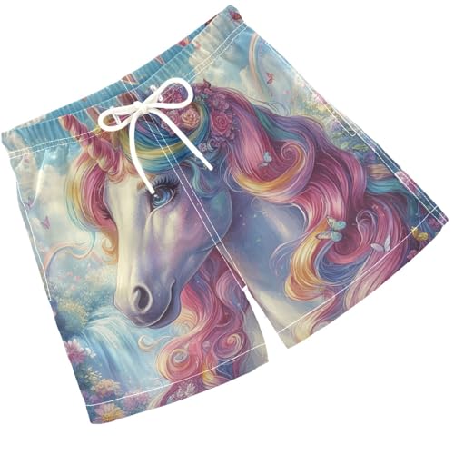 Pigsaly Boys Swim Trunks Beautiful Unicorn with Rainbows Boys Board Shorts Swimsuit Swimwear Summer Bathing Suit 4T