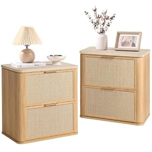 Nightstand Set of 2, 23.11″ W Rattan Nightstand with 2 Drawers