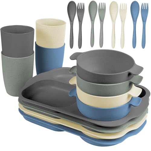 Image of shopwithgreen Wheat Straw Dinnerware Cutlery Set, 20 PCS Kids Toddlers Divided Plates and Bowls Sets, Microwave Unbreakable Tableware Spoon Knife Cup, Dishwasher Safe for Kitchen Picnic School