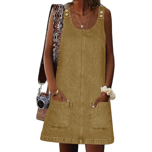 Image of Xaspee Denim Overall Dress for Women Casual Mini Sleeveless Jean Vintage Jumper Skirt Dress with Pockets