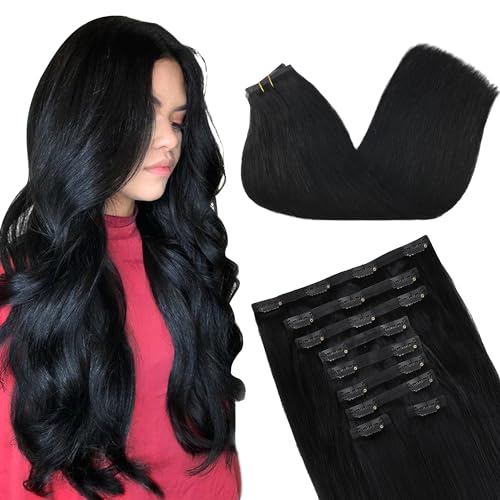 Image of GOO GOO Clip in Hair Extensions Real Human Hair, Remy Human Hair Extensions Clip ins for Women, Natural Human Hair, 14inch 130g 9Pcs, 1 Jet black