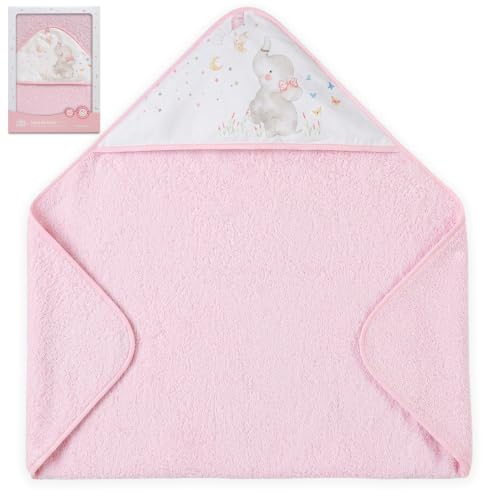 Interbaby - Capa de Baño Bebe Rosa | Toalla Bebe con Capucha 100% Algodón, 100x100cm, Unisex | Suave, Cómoda, Secado Rápido | Ideal Recién Nacidos, Bebes y Niños Pequeños | Diseño Elefante