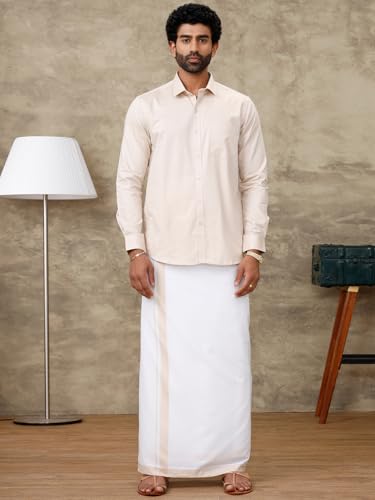 Image of RAMRAJ COTTON Men Full Sleeve Solid Shirt With Matching Border Dhoti|Ideal For Weddings And Occasion