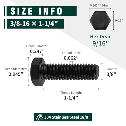 Image of 3 /8-16 x 1-1 /4 inch Hex Head Bolts Black, 304 Stainless Steel 18-8 Hexagon Head Screws Bolts, Black Oxide Finish, Allen Hex Drive, 10 PCS