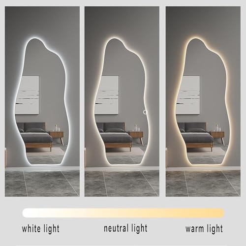Image of LED Full Length Wall Mirror 48x18 Inch Irregular Shape Touch Sensor Light Dressing Mirror for Bedroom Living Room Vanity Decorative Modern Mirror with LED Light | 3 Color Lighting Modes