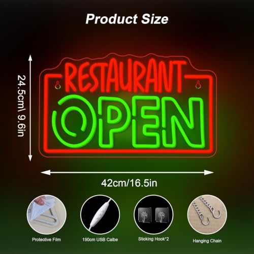 Image of Open Neon Sign Dimmable Led Wall Light for Business Restaurant Decor | 16.5*9.5IN,Five level brightness adjustment,USB powered,For Business Fast Food Club Coffee Shop Restaurant Stores Hotel