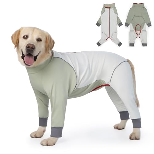 Dog Onesie Coat - Water-Repellent & Stretchable, Dirt-Resistant Outdoor Puppy Suit with Reflective Strips | Controls Shedding | for Small, Medium, Large Dogs (Beige, 5XL(Weight 65-88 lbs))