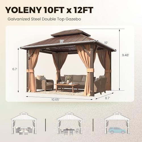 YOLENY 10' x 12' Hardtop Gazebo, Metal Gazebo with Aluminum Frame, Double Galvanized Steel Roof, Curtains and Netting Included, Pergolas for Patios, Garden, Parties, Lawns - 2
