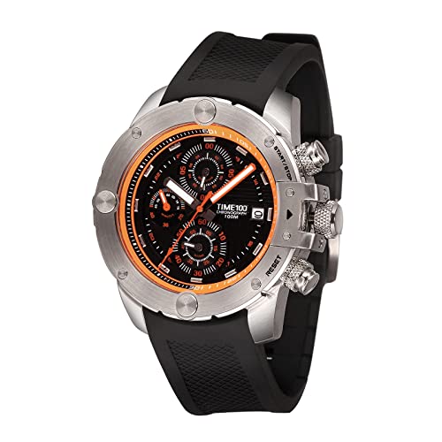 TIME100 Quarz Armbanduhr Herren Taucheruhr Multifunktion-Sportuhr Chronographuhr Silikon Orange+Silber