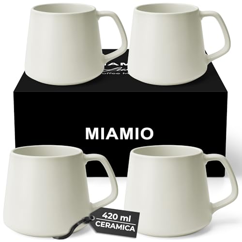 MIAMIO - Set di Tazze da Caffรจ (Set di 4) / Grandi Tazze in Ceramica (420 ml) - Tazza per Cappuccino, Tรจ, Espresso - Adatto al Microonde e alla Lavastoviglie - Collezione Luxe (Bianco)