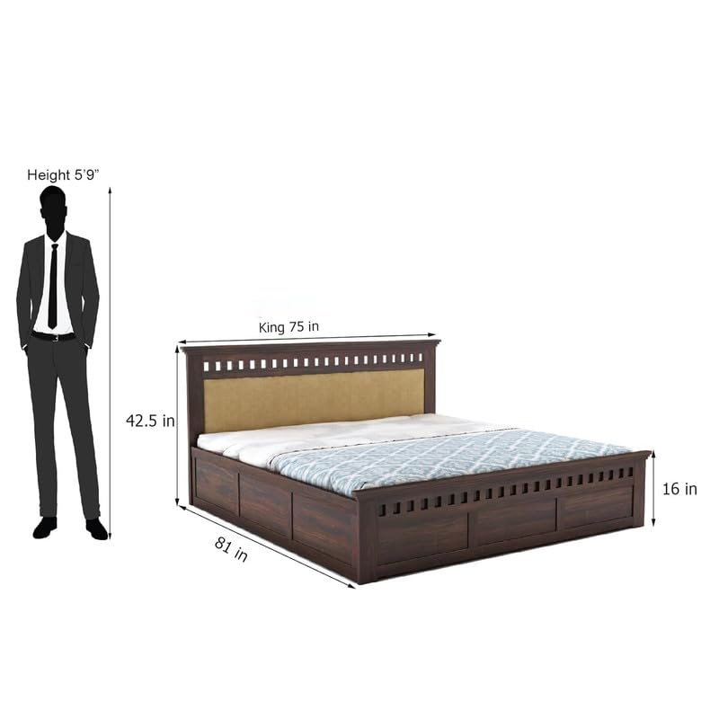 Image of Amazon Brand - Solimo Solid Sheesham Wood Kuber King Size Upholstered Bed with Box Storage + 2 Bedside | Wooden King Size Cot Bed | Double Bed with 2 Bedside Table for Bedroom (Walnut Finish)